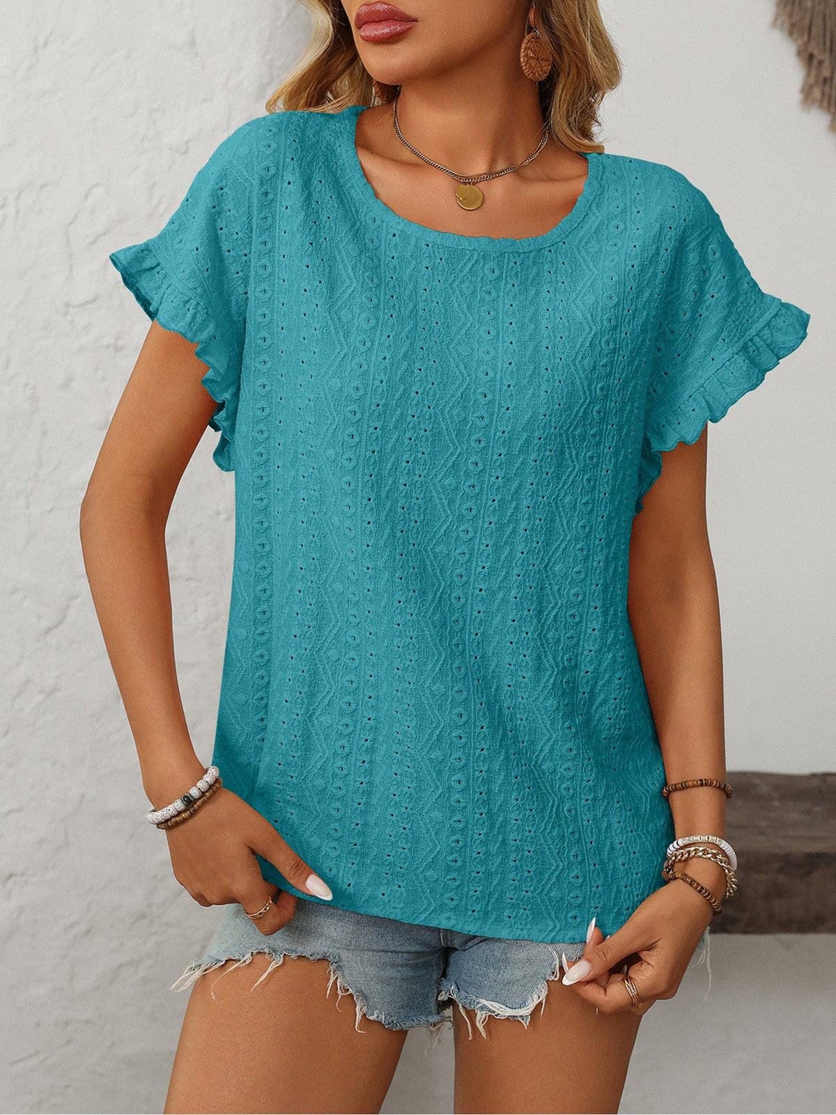 Round Neck Short Sleeve Eyelet Ruffled Blouse