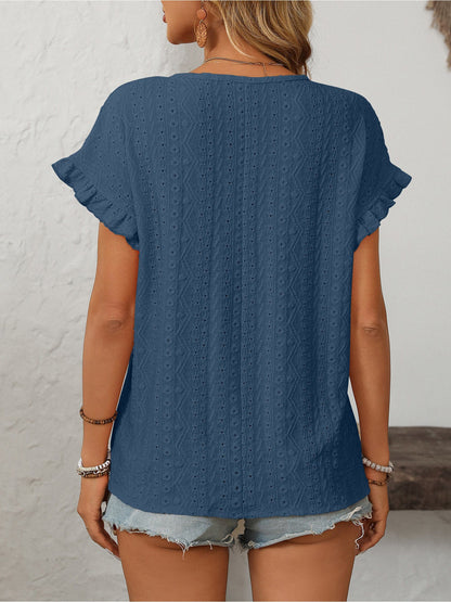 Round Neck Short Sleeve Eyelet Ruffled Blouse