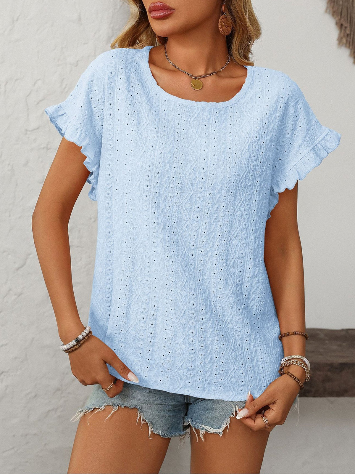 Round Neck Short Sleeve Eyelet Ruffled Blouse