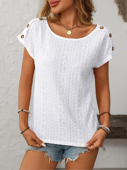 Solid Color Round Neck Button Short Sleeve Eyelet Blouse