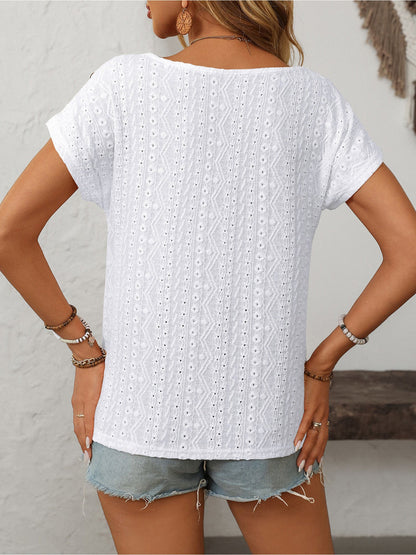 Solid Color Round Neck Button Short Sleeve Eyelet Blouse