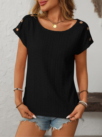 Solid Color Round Neck Button Short Sleeve Eyelet Blouse
