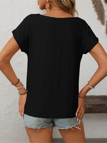 Solid Color Round Neck Button Short Sleeve Eyelet Blouse