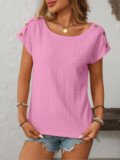 Solid Color Round Neck Button Short Sleeve Eyelet Blouse
