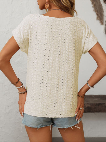 Solid Color Round Neck Button Short Sleeve Eyelet Blouse