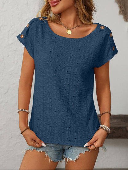 Solid Color Round Neck Button Short Sleeve Eyelet Blouse