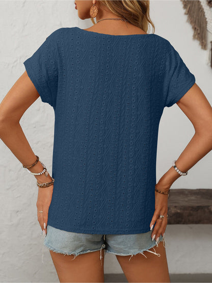 Solid Color Round Neck Button Short Sleeve Eyelet Blouse