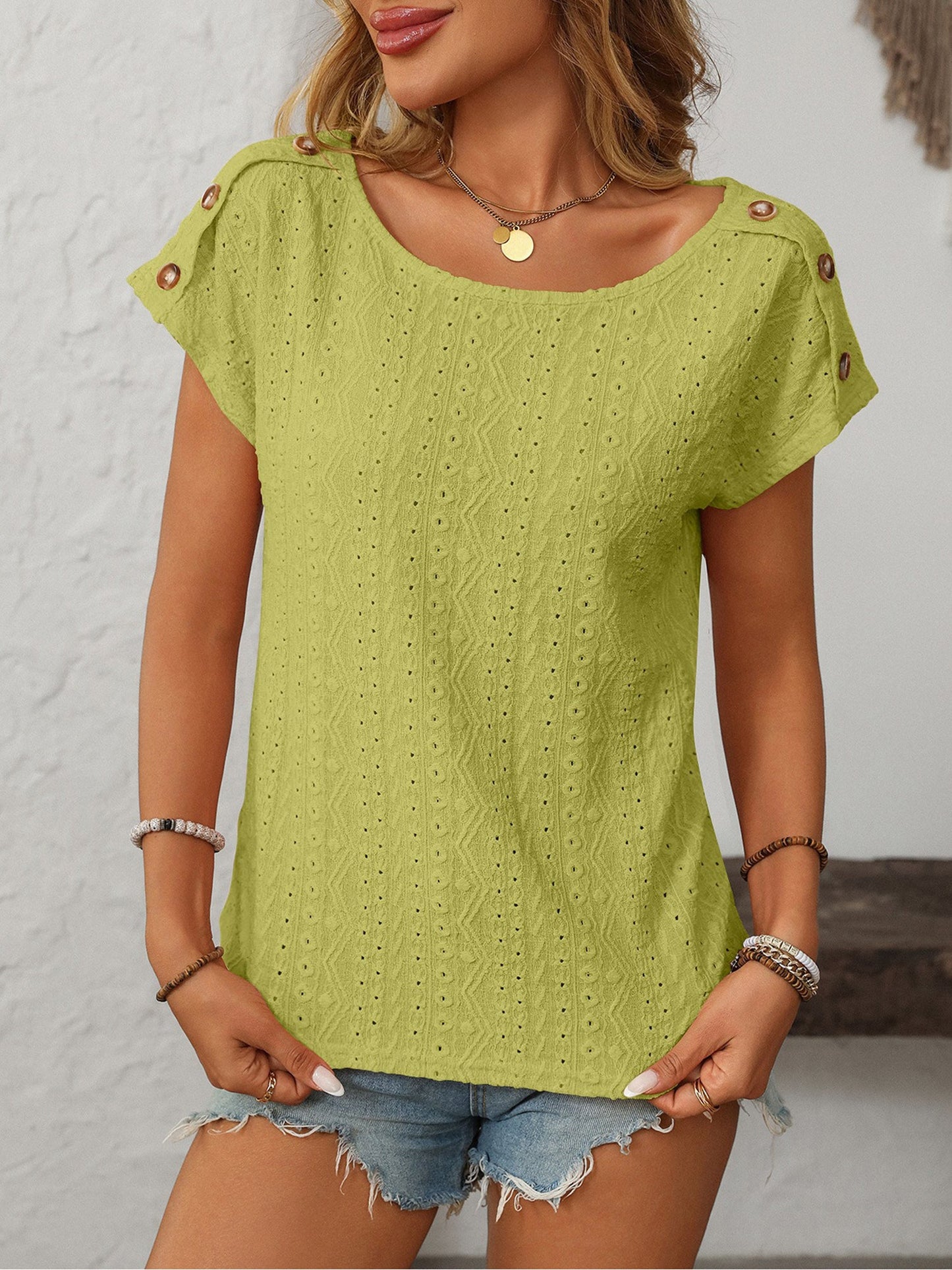 Solid Color Round Neck Button Short Sleeve Eyelet Blouse