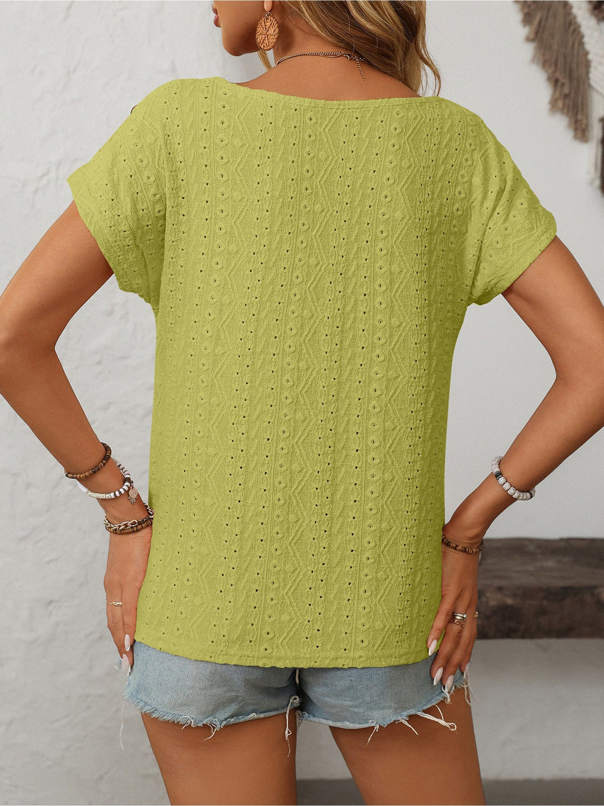 Solid Color Round Neck Button Short Sleeve Eyelet Blouse