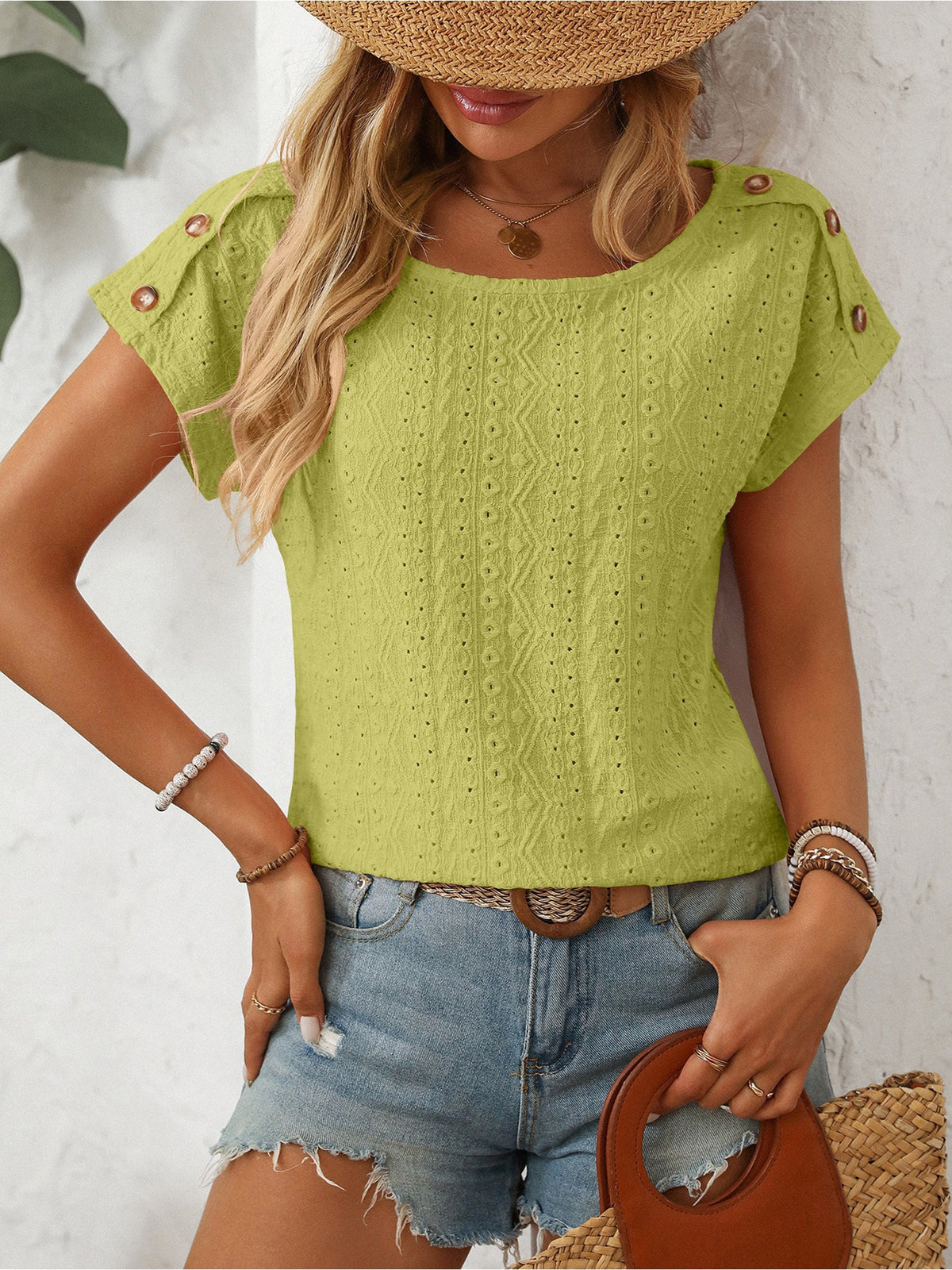 Solid Color Round Neck Button Short Sleeve Eyelet Blouse