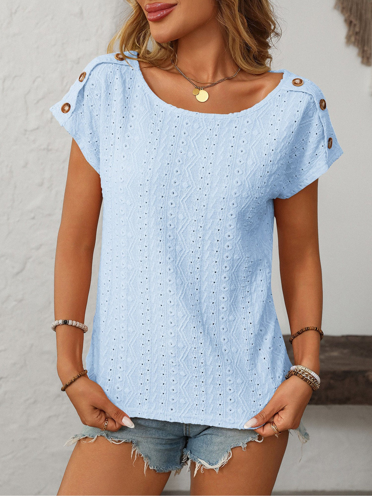 Solid Color Round Neck Button Short Sleeve Eyelet Blouse