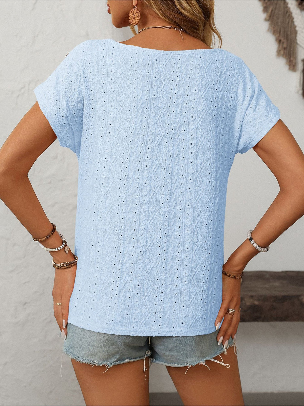 Solid Color Round Neck Button Short Sleeve Eyelet Blouse