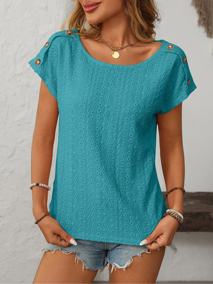 Solid Color Round Neck Button Short Sleeve Eyelet Blouse