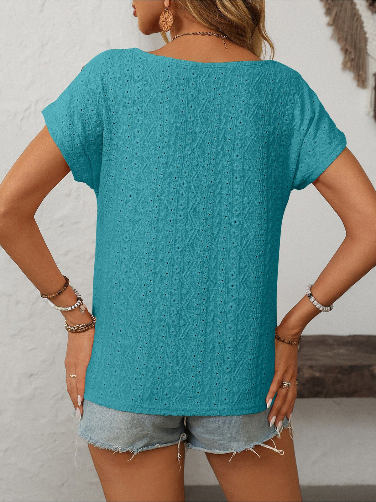 Solid Color Round Neck Button Short Sleeve Eyelet Blouse