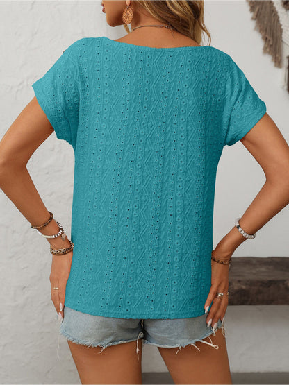 Solid Color Round Neck Button Short Sleeve Eyelet Blouse