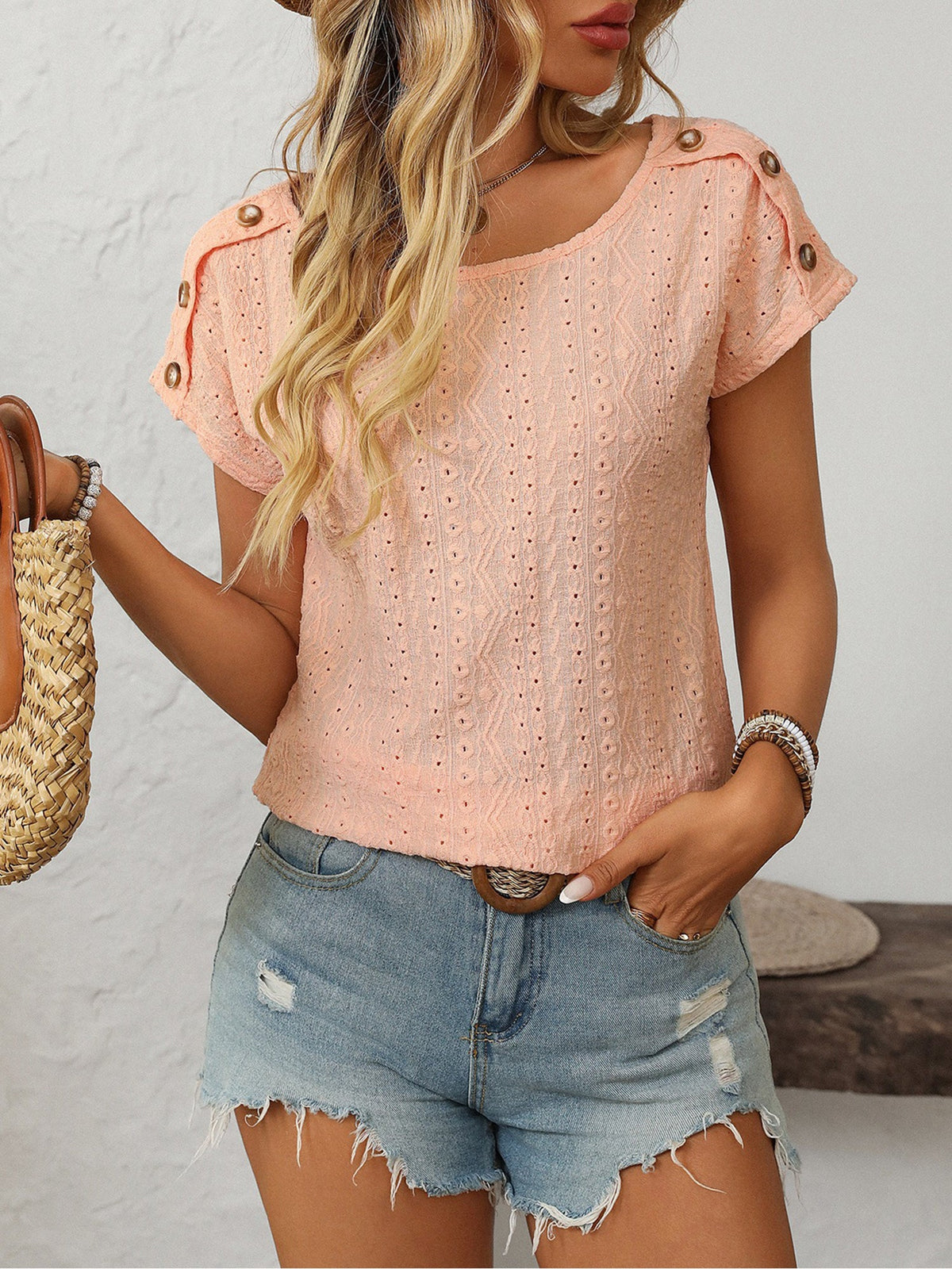 Solid Color Round Neck Button Short Sleeve Eyelet Blouse