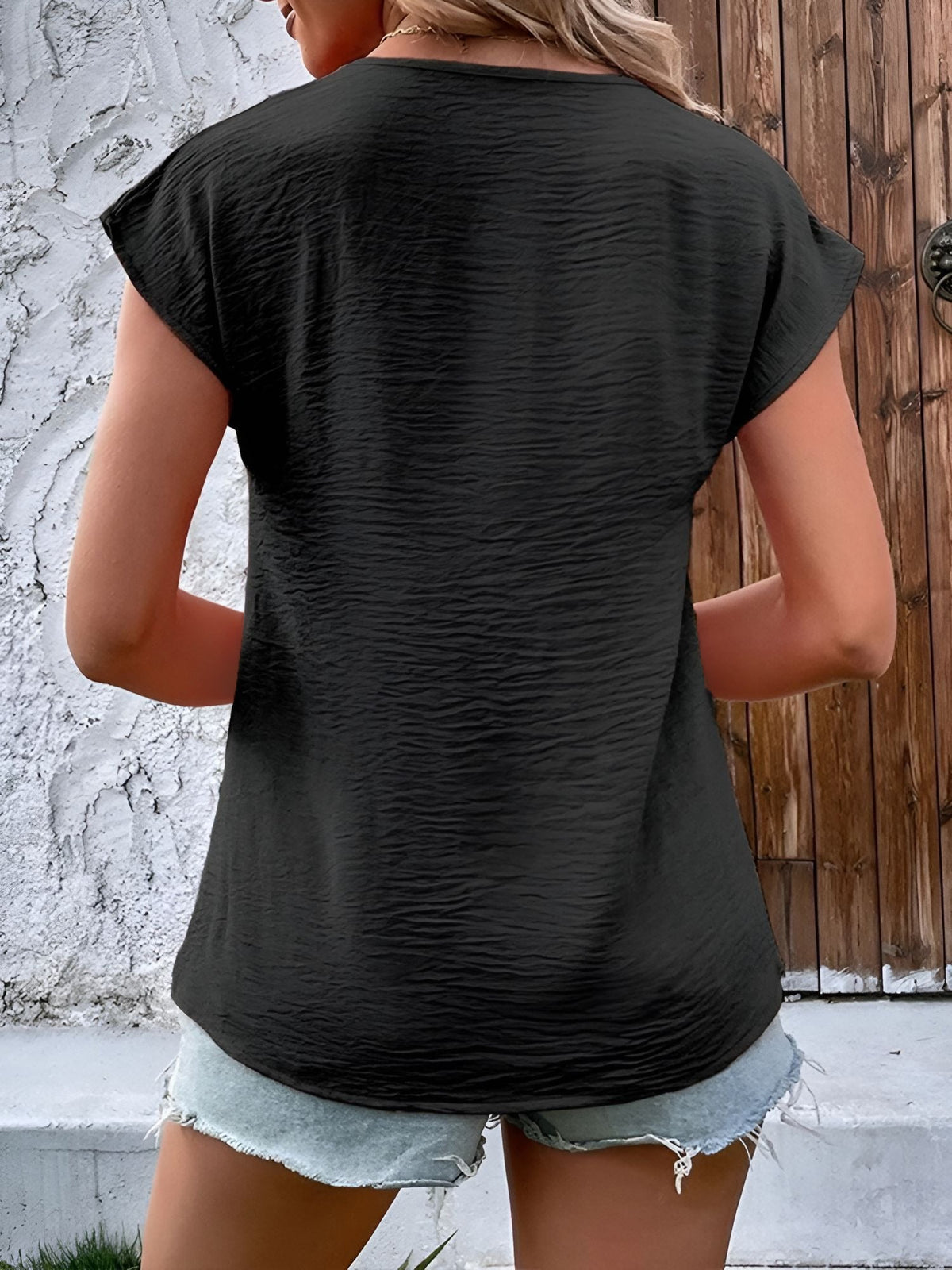 V Neck Button Solid Color Bat Sleeve Casual Blouse