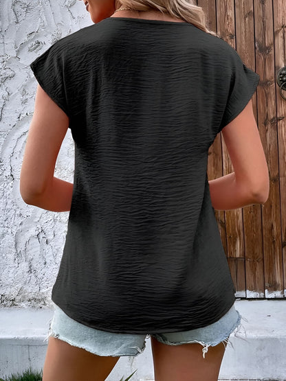 V Neck Button Solid Color Bat Sleeve Casual Blouse