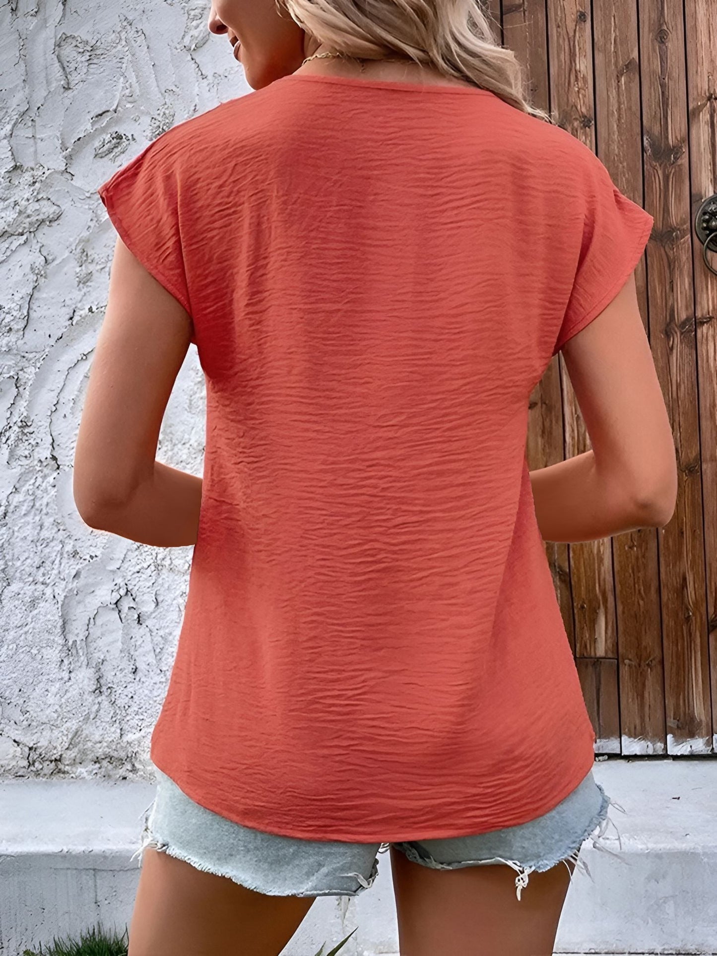 V Neck Button Solid Color Bat Sleeve Casual Blouse