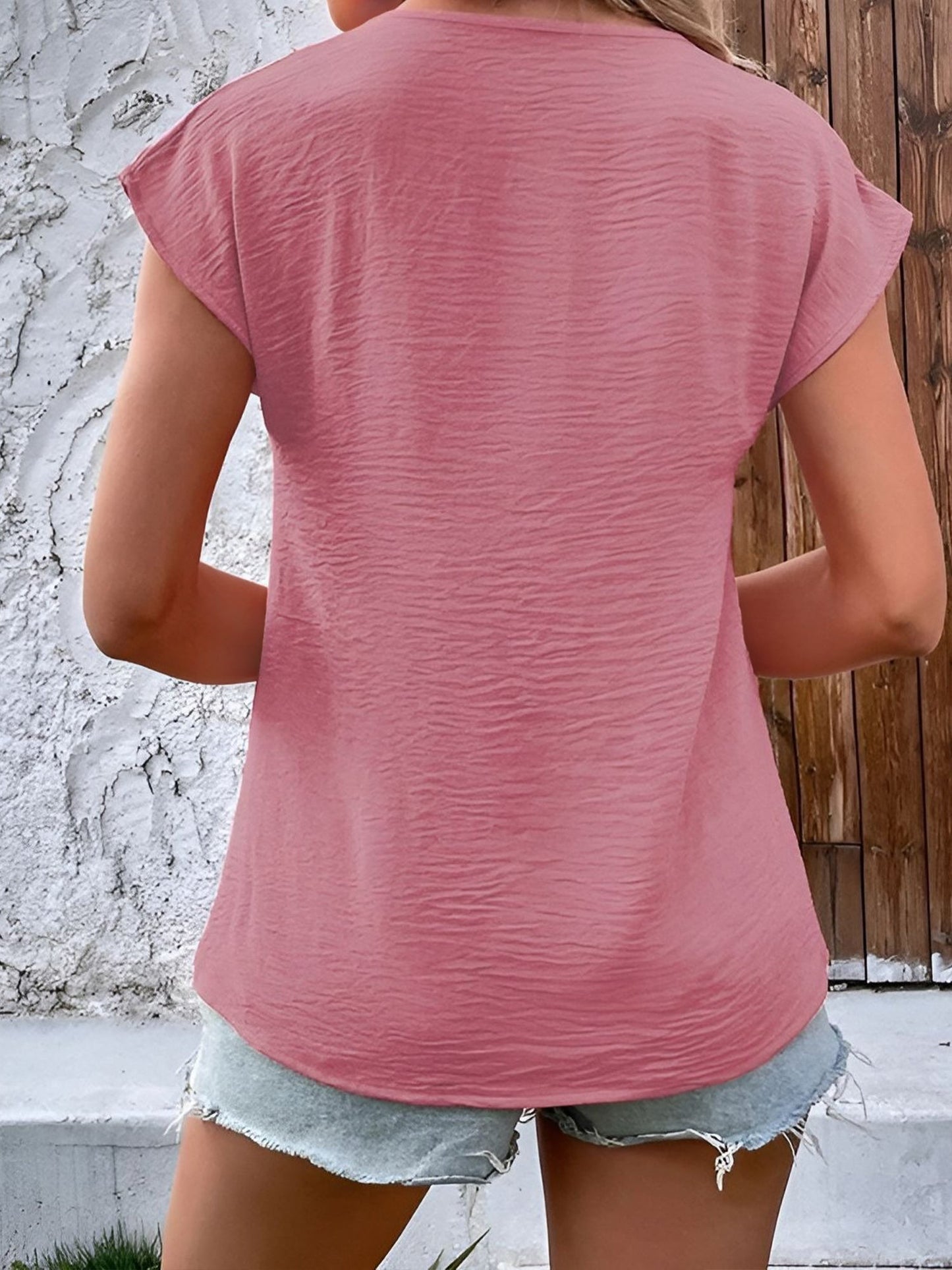 V Neck Button Solid Color Bat Sleeve Casual Blouse