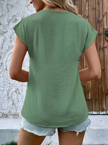 V Neck Button Solid Color Bat Sleeve Casual Blouse