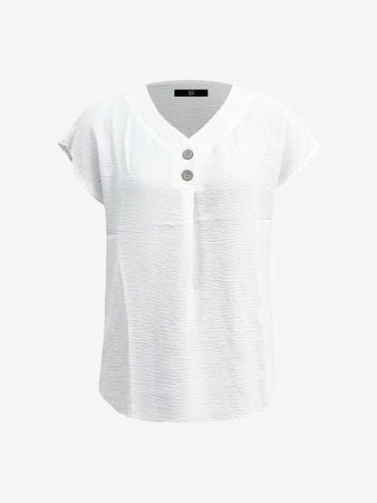 V Neck Button Solid Color Bat Sleeve Casual Blouse