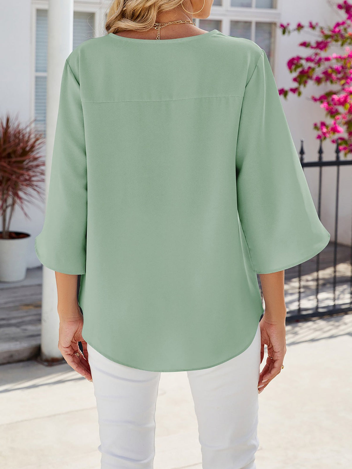 Solid Color V-Neck Mid-Sleeve Loose Chiffon Shirt for Women