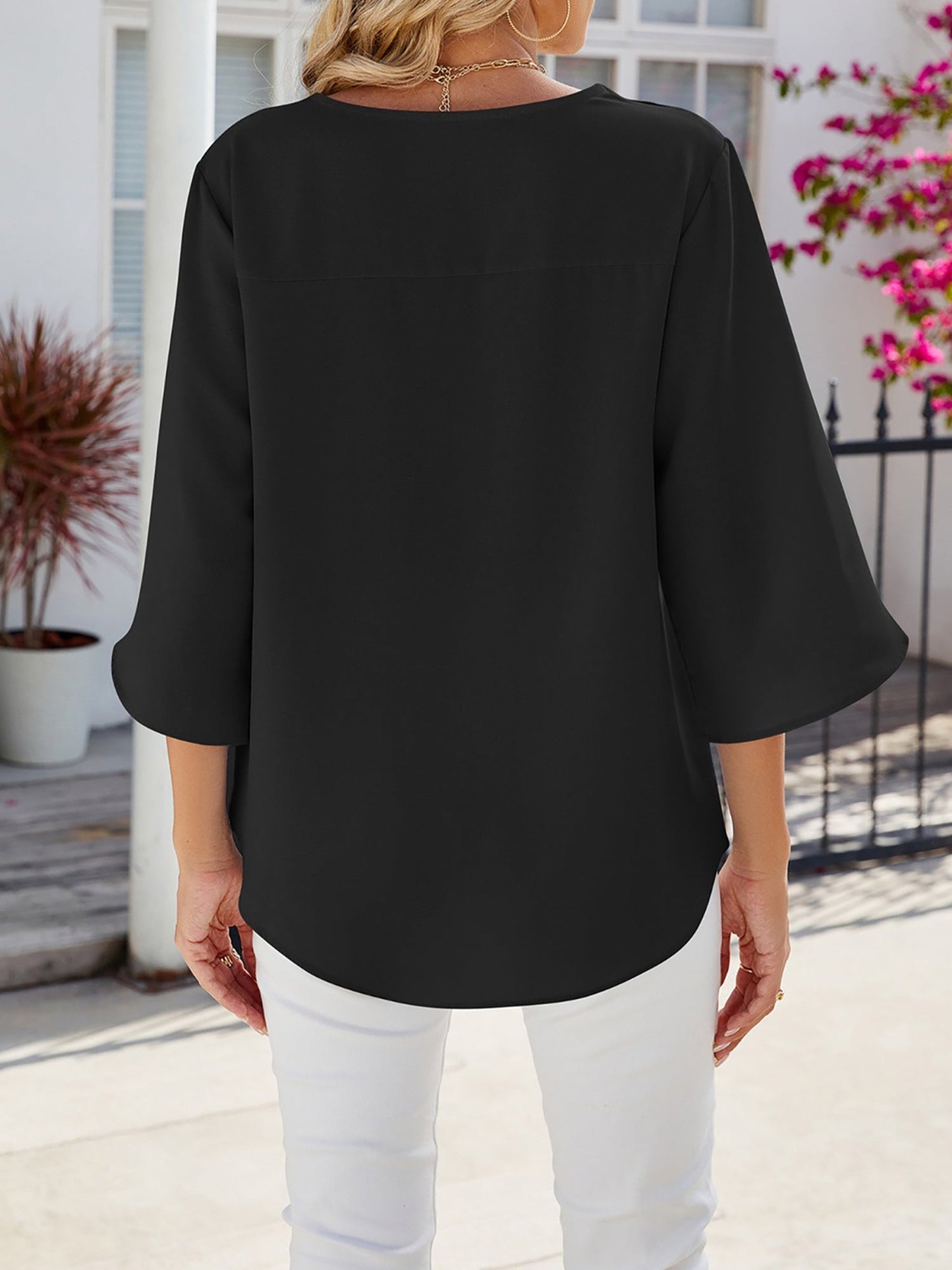 Solid Color V-Neck Mid-Sleeve Loose Chiffon Shirt for Women