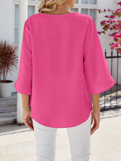 Solid Color V-Neck Mid-Sleeve Loose Chiffon Shirt for Women