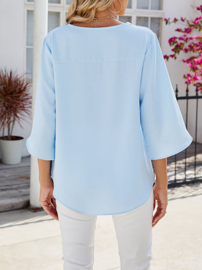 Solid Color V-Neck Mid-Sleeve Loose Chiffon Shirt for Women