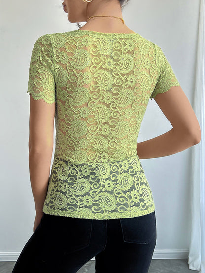 Solid Color Lace Square Neck Short Sleeve Blouse