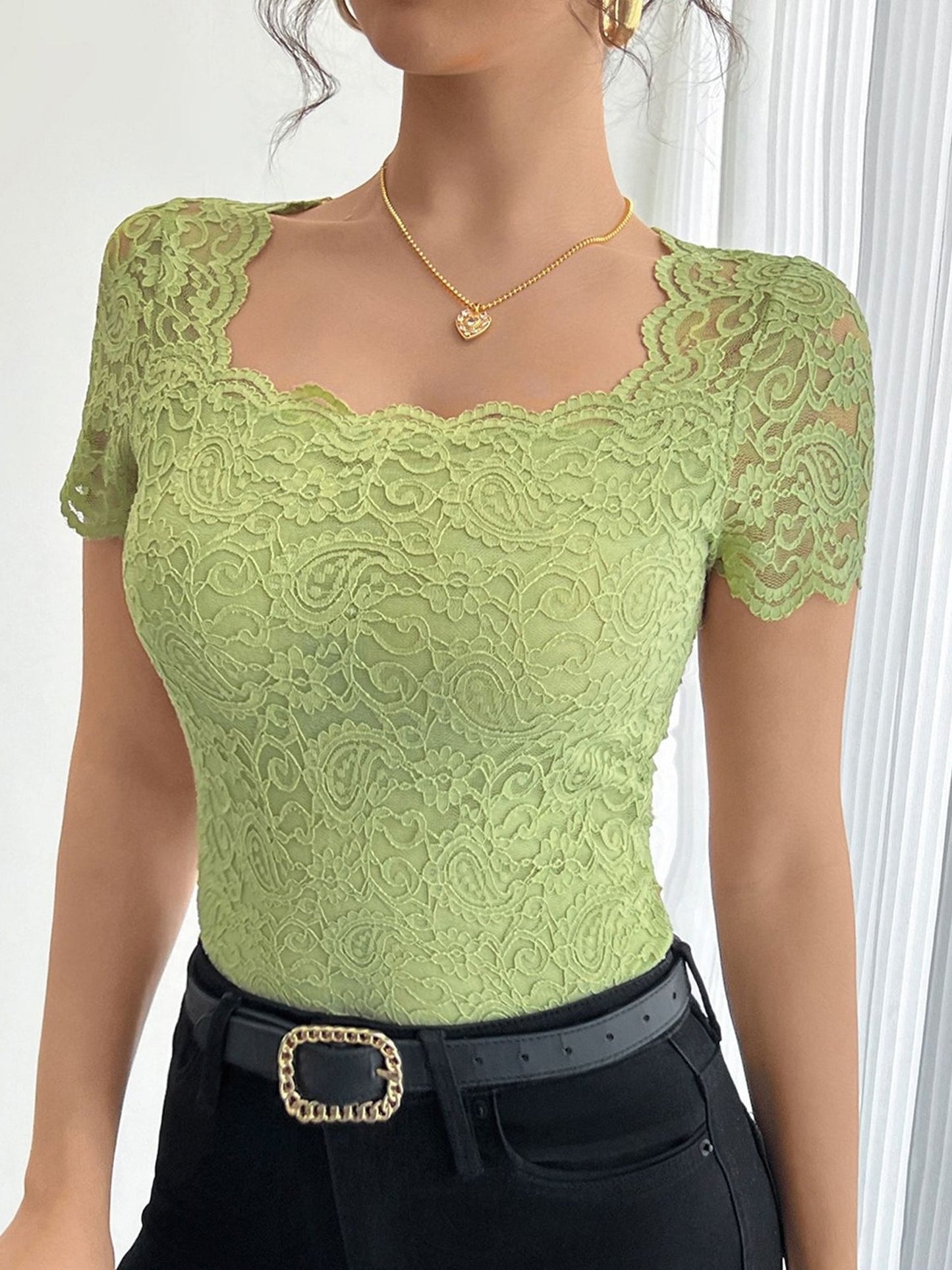 Solid Color Lace Square Neck Short Sleeve Blouse