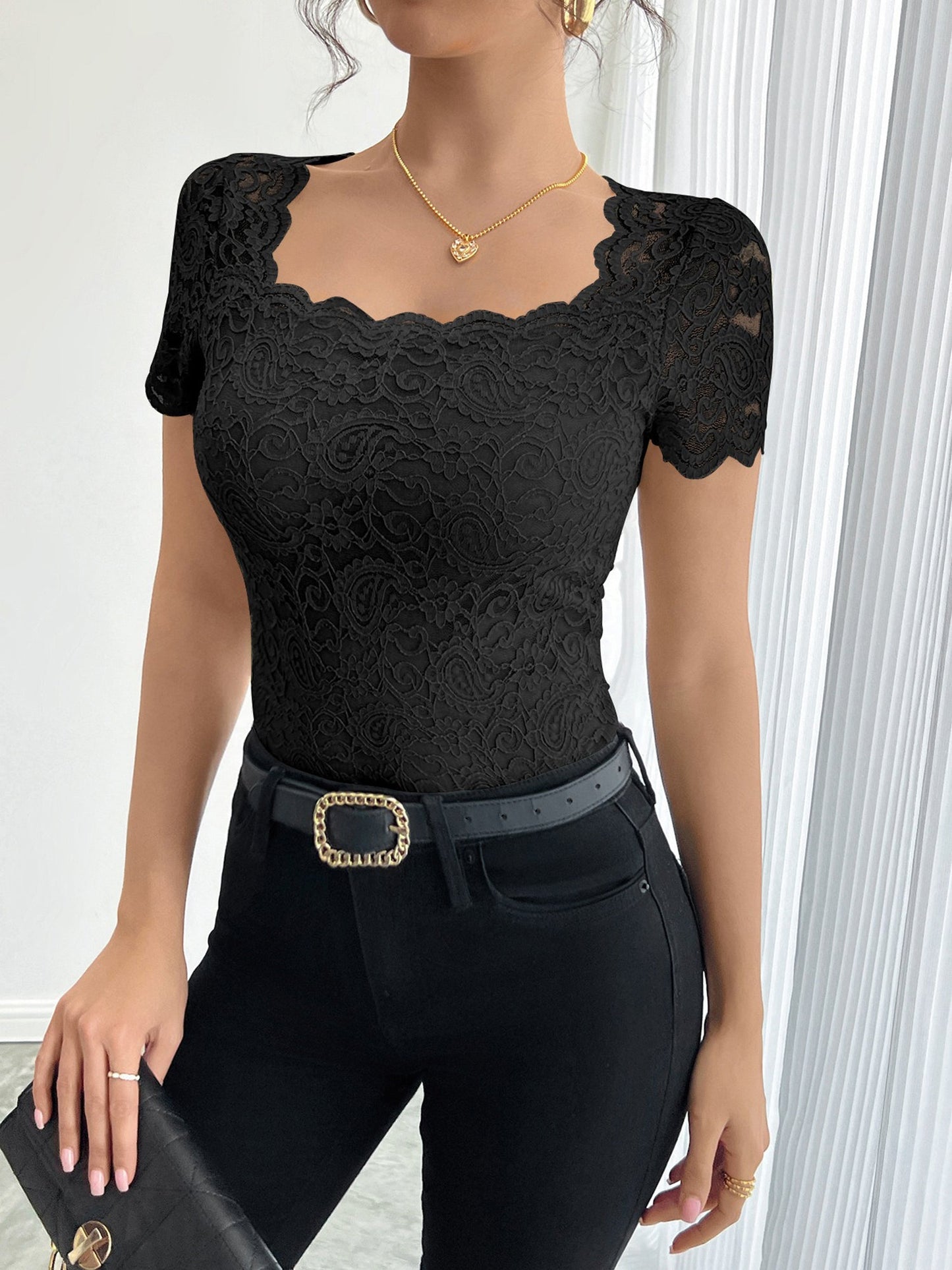 Solid Color Lace Square Neck Short Sleeve Blouse