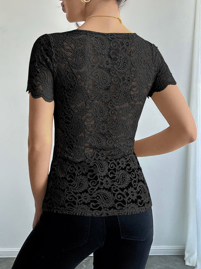 Solid Color Lace Square Neck Short Sleeve Blouse