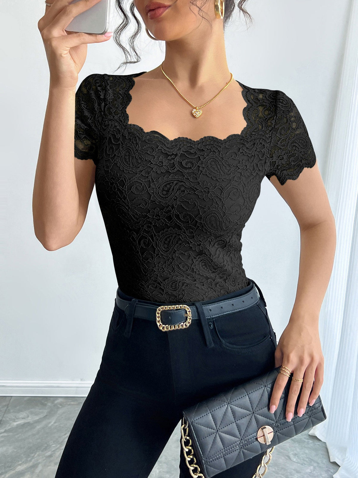 Solid Color Lace Square Neck Short Sleeve Blouse