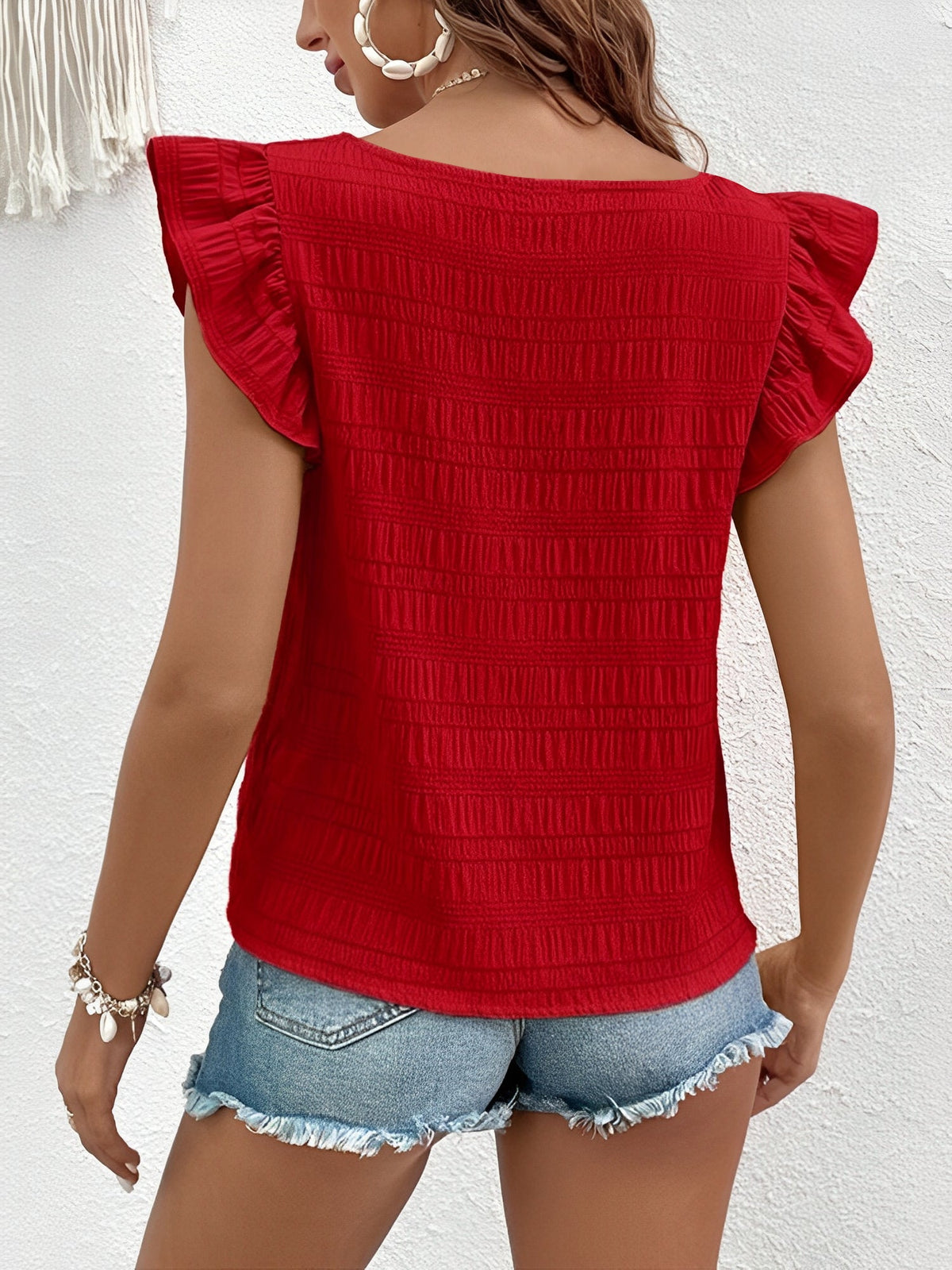 Square Neck Ruffled Cap Sleeves Textured Blouse