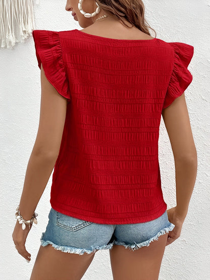 Square Neck Ruffled Cap Sleeves Textured Blouse