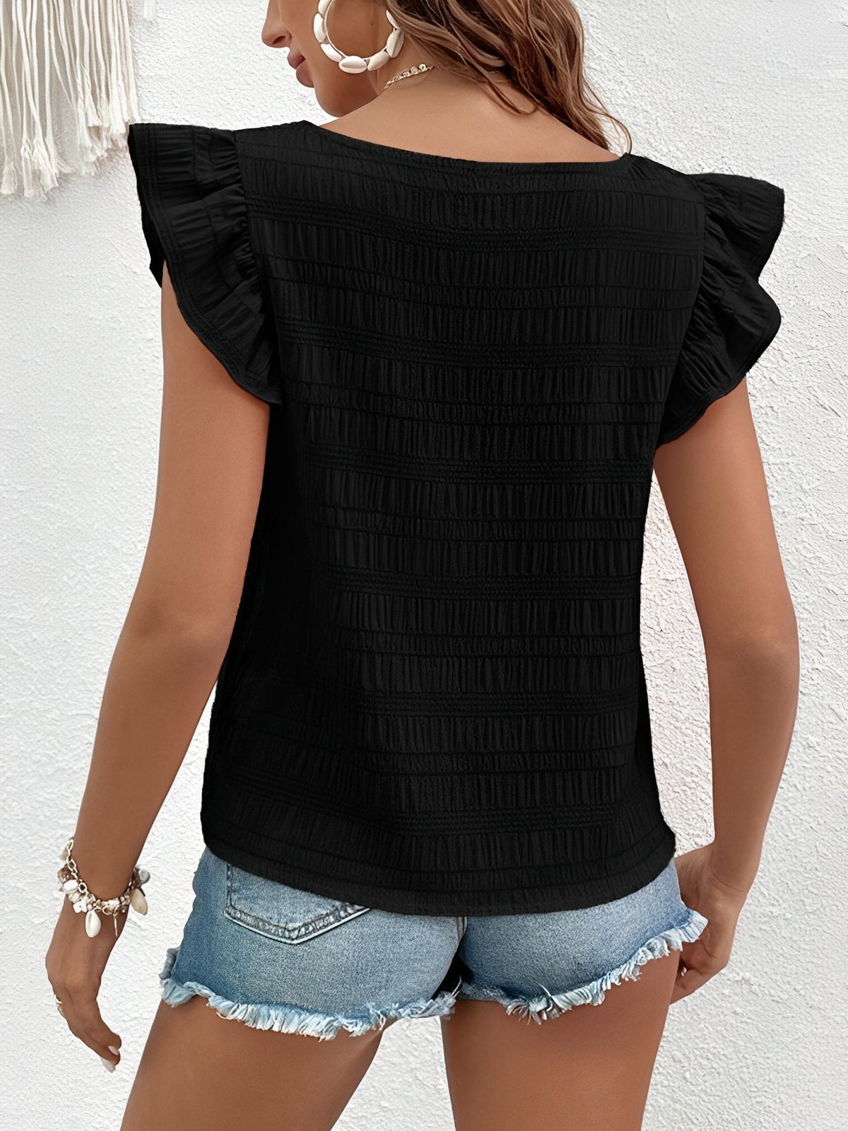 Square Neck Ruffled Cap Sleeves Textured Blouse