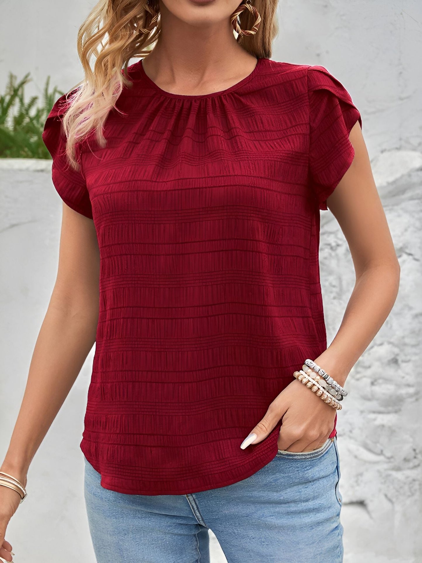 Round Neck Short Sleeves Textured Blouse