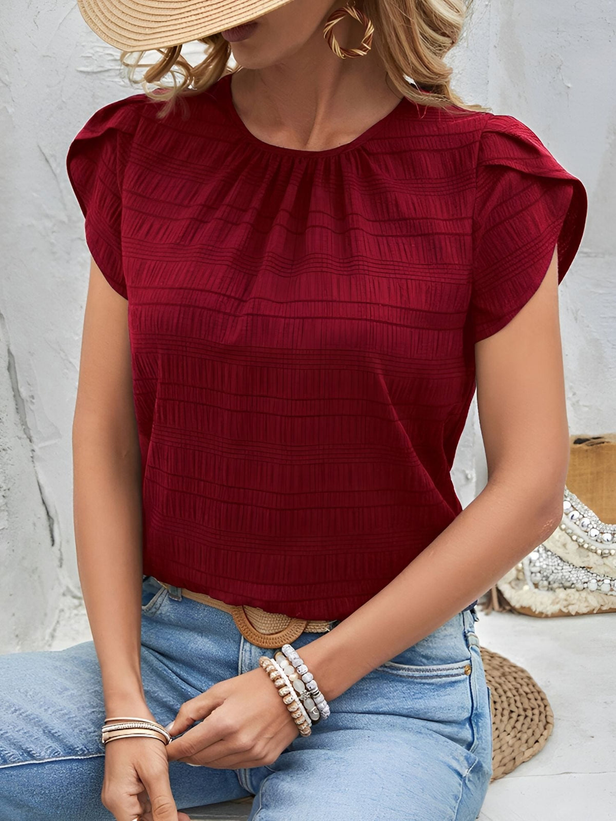 Round Neck Short Sleeves Textured Blouse
