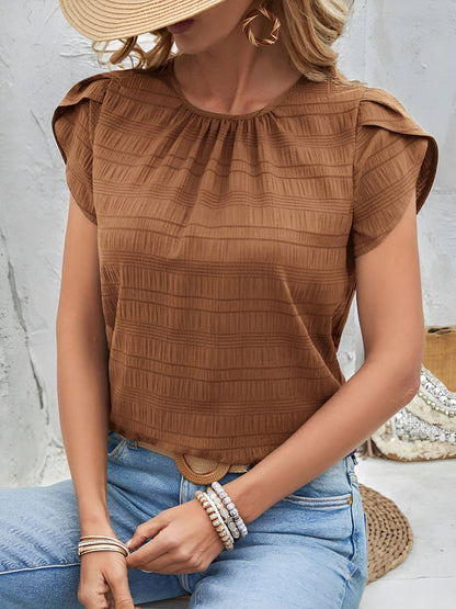 Round Neck Short Sleeves Textured Blouse