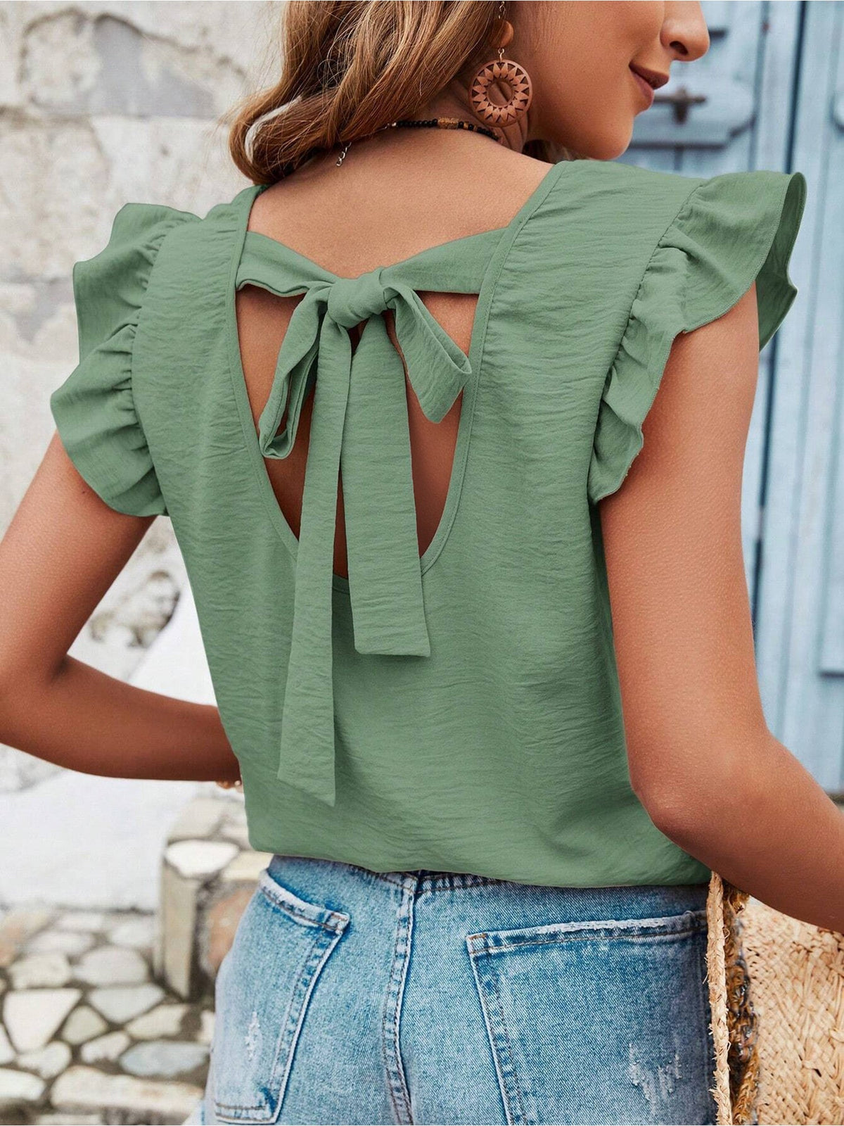 Ruffled Cap Sleeves Lace-Up Textured Blouse