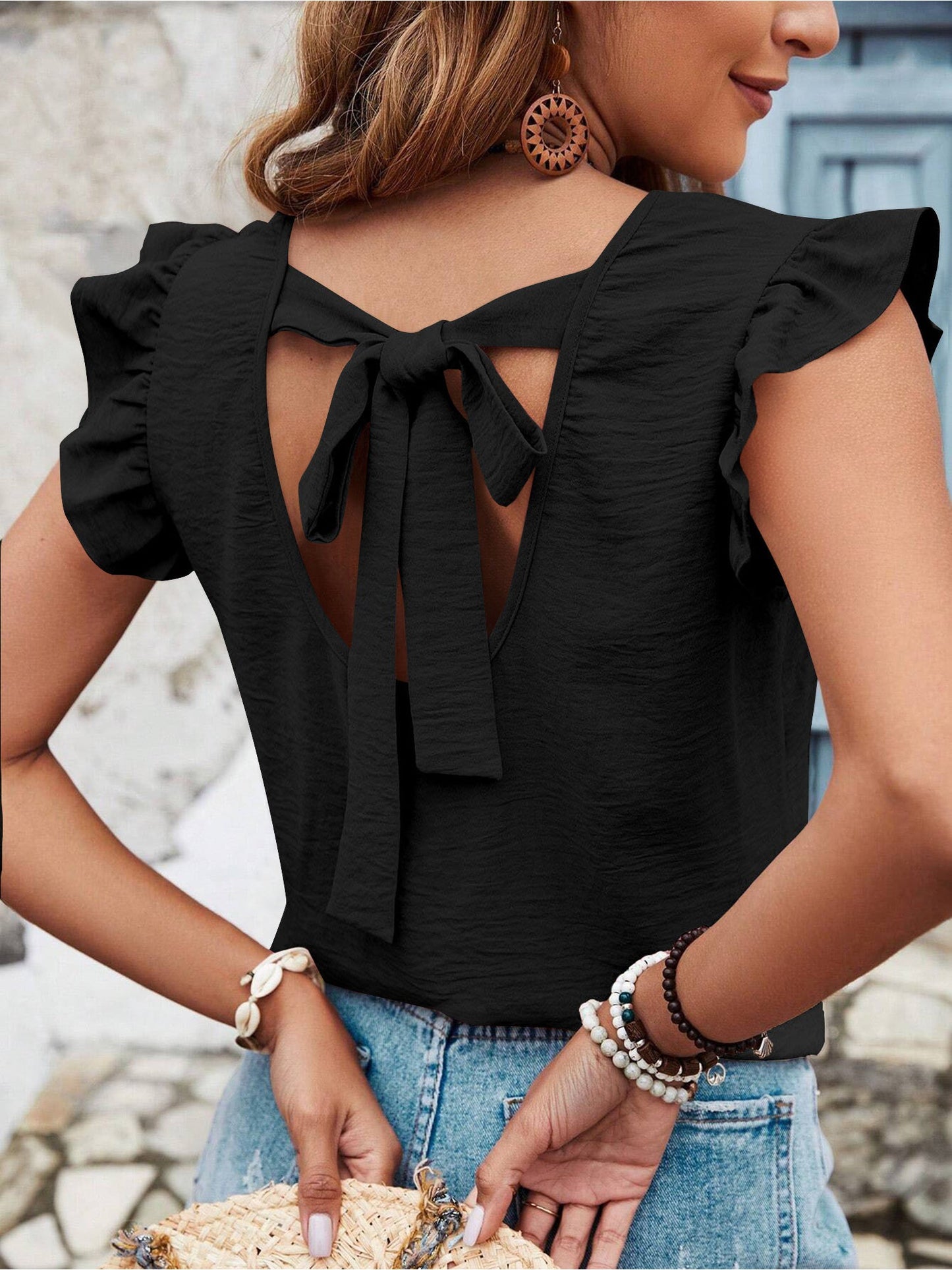 Ruffled Cap Sleeves Lace-Up Textured Blouse