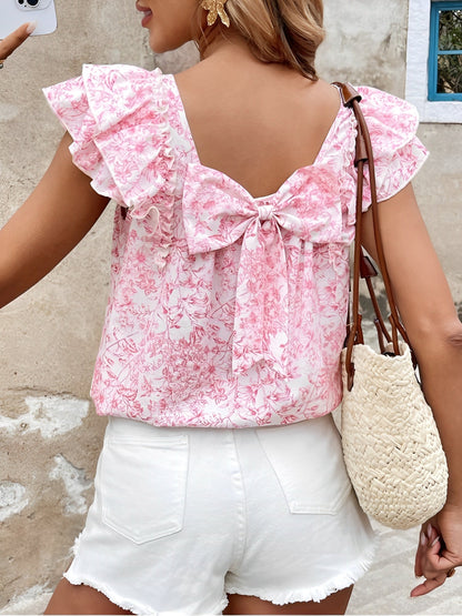Floral Back Bow Ruffled Short Sleeve Blouse