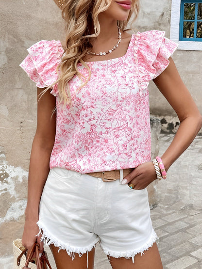 Floral Back Bow Ruffled Short Sleeve Blouse