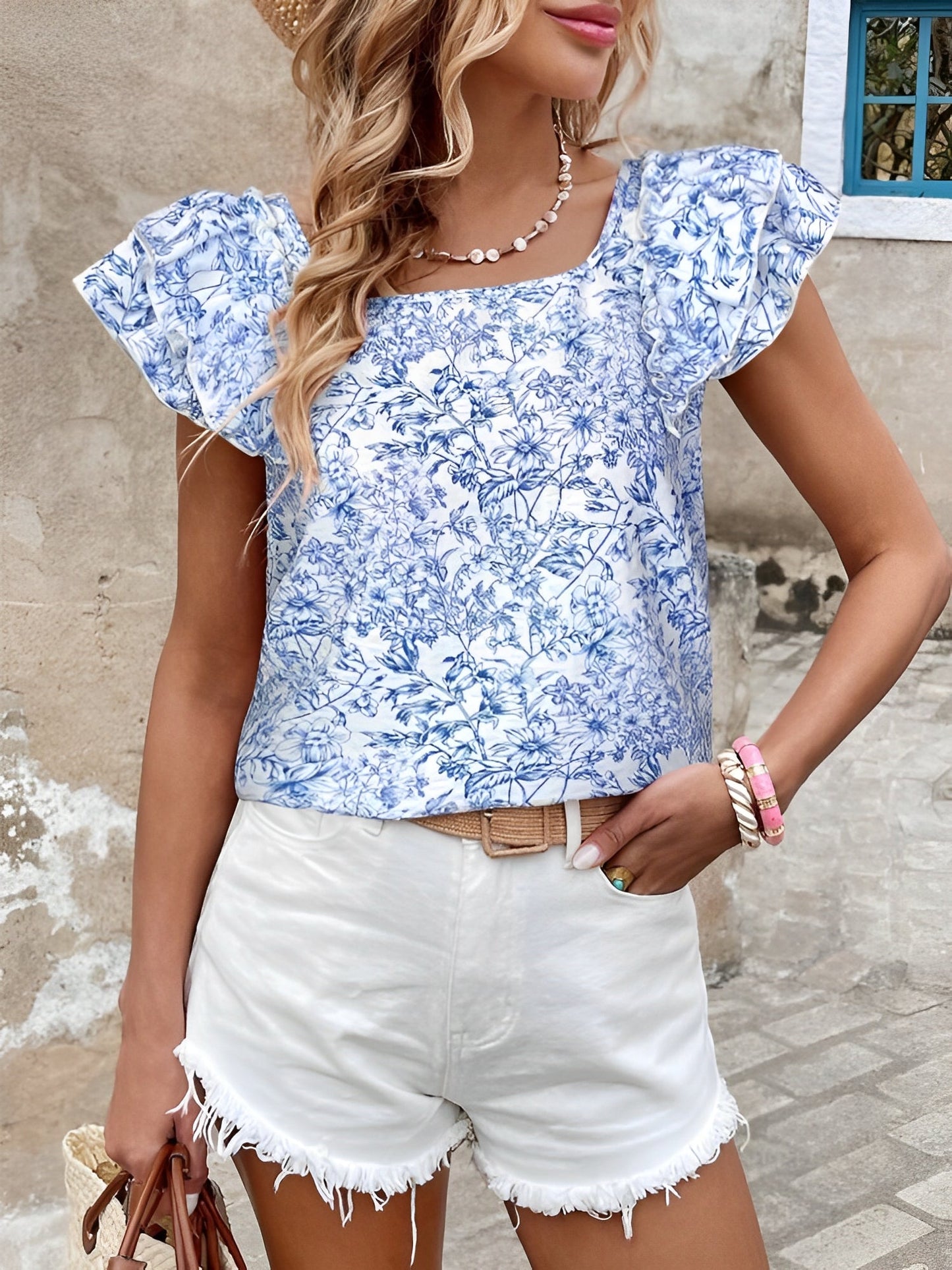 Floral Back Bow Ruffled Short Sleeve Blouse