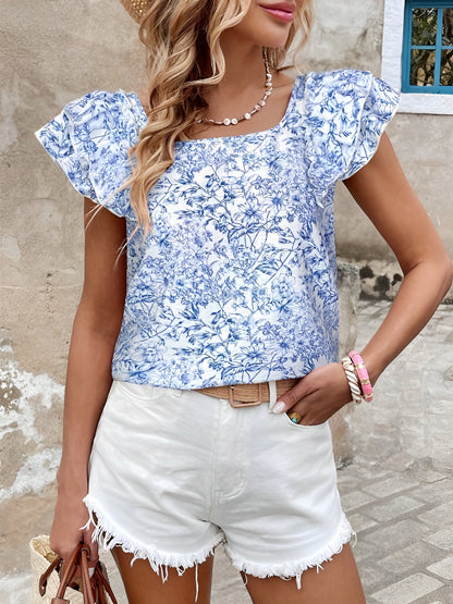 Floral Back Bow Ruffled Short Sleeve Blouse