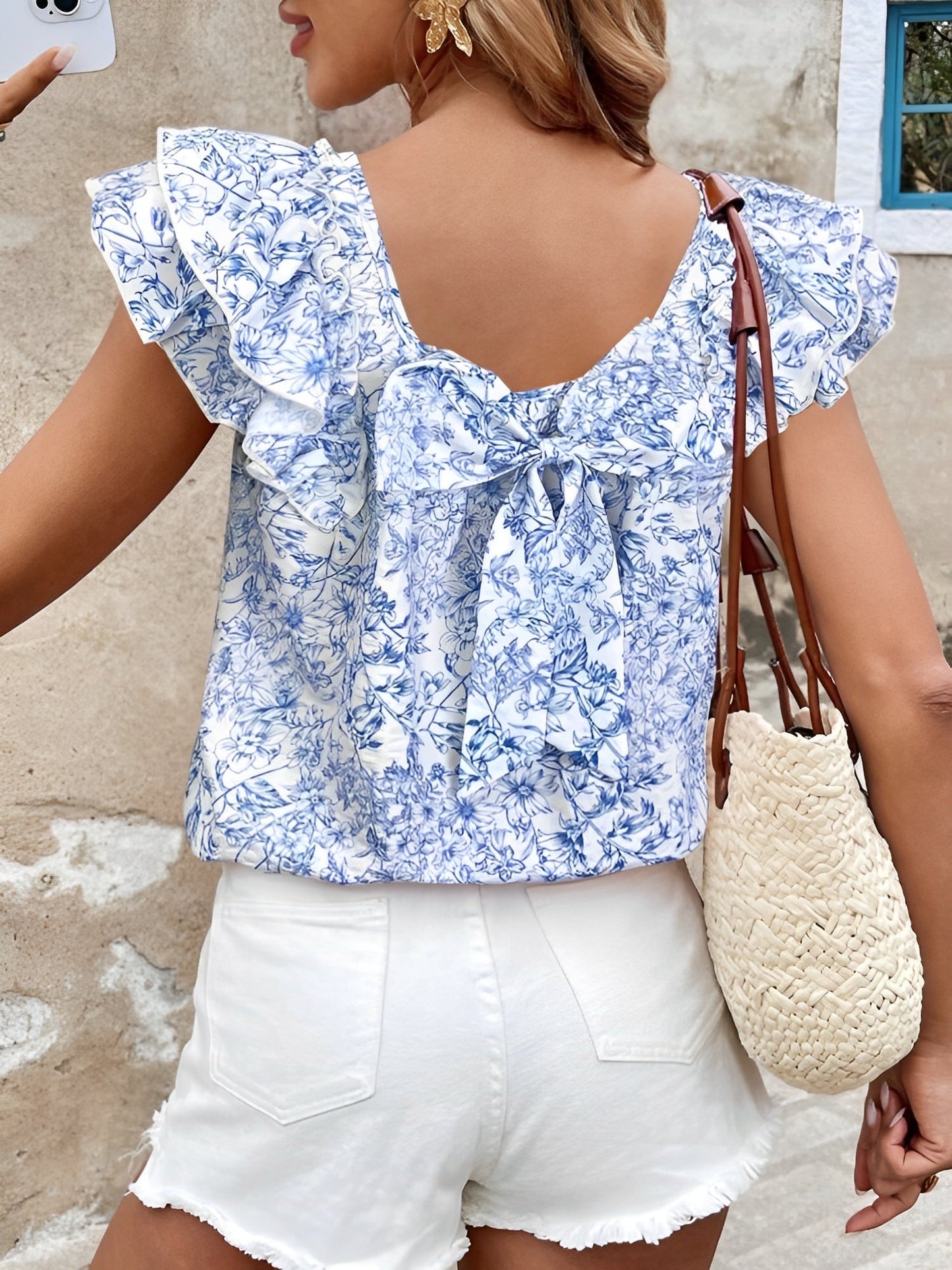 Floral Back Bow Ruffled Short Sleeve Blouse