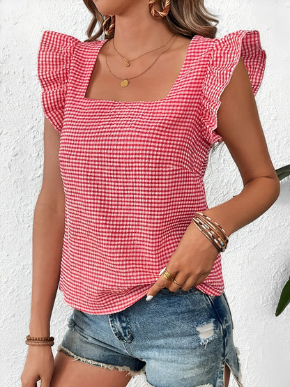 Gingham Square Neck Ruffled Cap Sleeves Blouse
