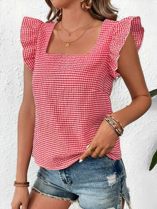 Gingham Square Neck Ruffled Cap Sleeves Blouse